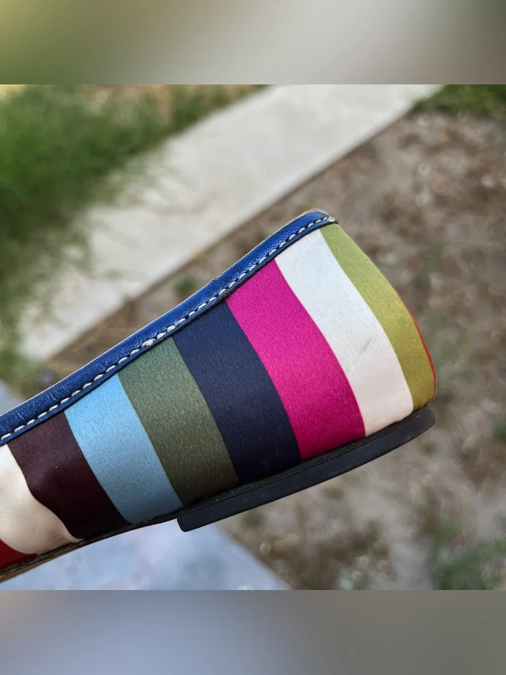 Vintage Y2K Coach Legacy Striped Satin Ballet Flats with a Small Bow Detail.